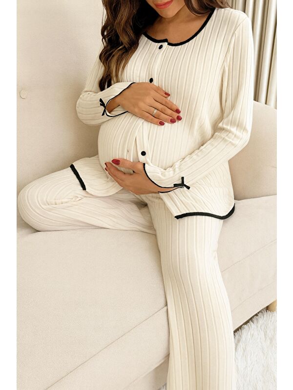 MİSS DÜNYA LİSSA Beyaz Soft Elegance Yumoş Düğmeli Ayarlanabilir Bel Lohusa Pijama Takımı