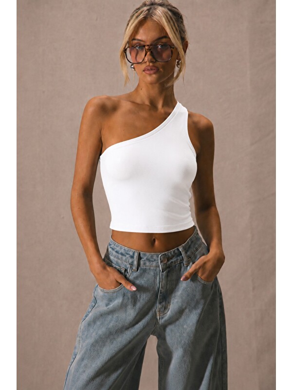 Tarz Cool Kadın Tek Omuz Crop Atlet Esnek Slim Fit Süprem Kumaş Asimetrik Yaka Bluz