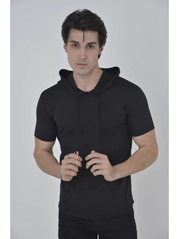 Jane's Erkek Kapüşonlu Slim Fit T-shirt - Siyah