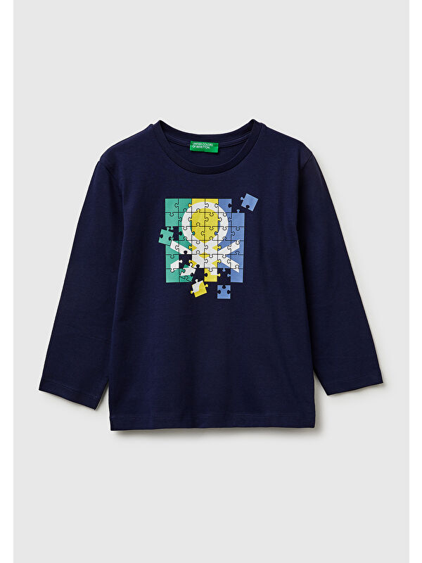 United Colors Of Benetton Erkek Çocuk Lacivert Önü Logo Baskılı Yuvarlak Yaka Uzun Kollu T-Shirt
