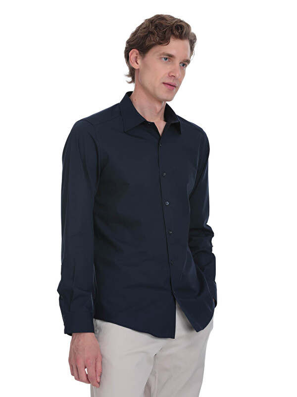 Hatemoğlu Lacivert Slim Fit Slim Yaka Pamuklu Uzun Kollu Gömlek