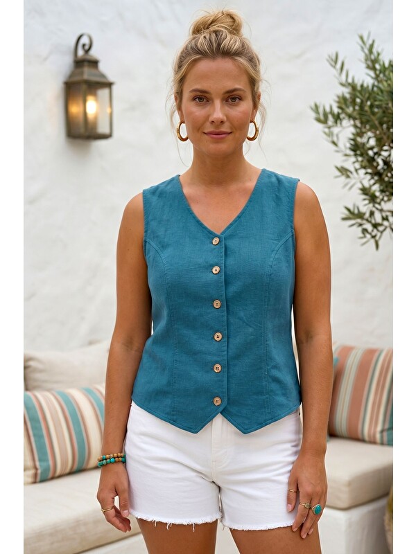 Chiccy Mavi V Yaka Düğmeli Yıkamalı Kulplu Casual Fitted Dokuma Yelek 55 50