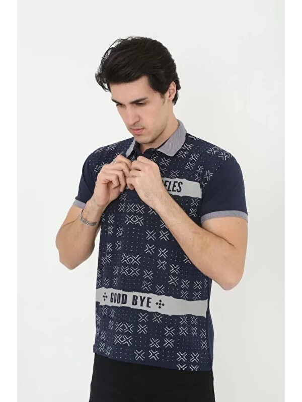 Jane's Erkek Yakalı Slim Fit Baskılı Tişört - Lacivert