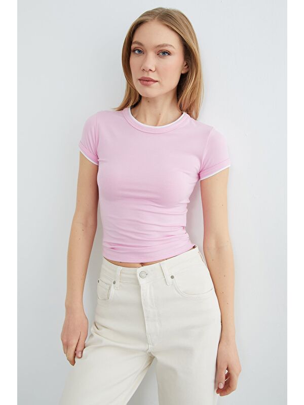 Fullamoda Basic Bisiklet Yaka Biyeli Crop Tişört