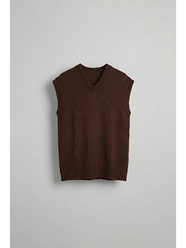 Abluka Online Erkek Oversize V Yaka Triko Süveter Kahve