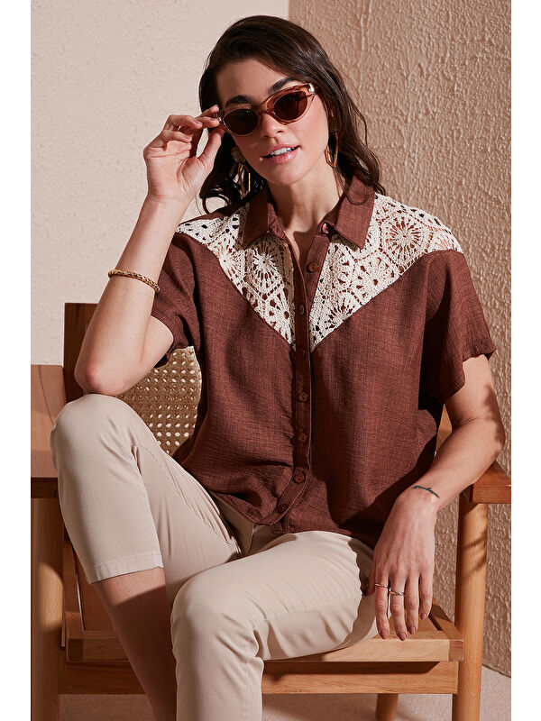 Lela Dantelli Relaxed Fit Kısa Kollu Kadın Gömlek 5865764