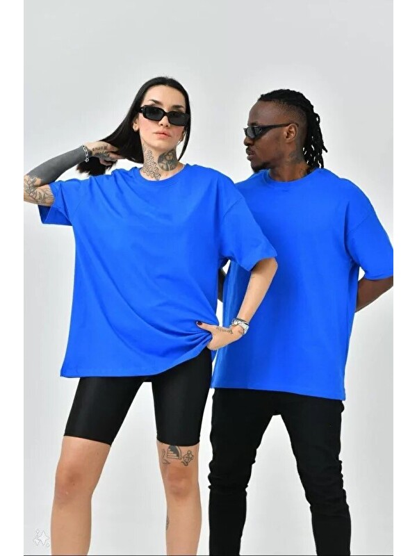 トップス Esan Jane's Unisex Basic Bisiklet Yaka Oversize Tişört - Mavi