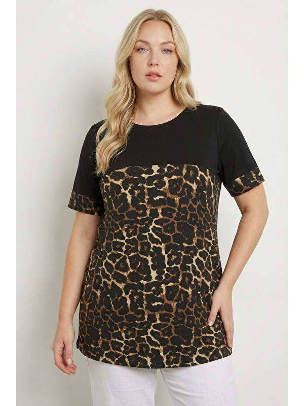Stil Diva Bisiklet Yaka Kısa Kollu Leopar Desenli Esnek Kumaşlı T-shirt