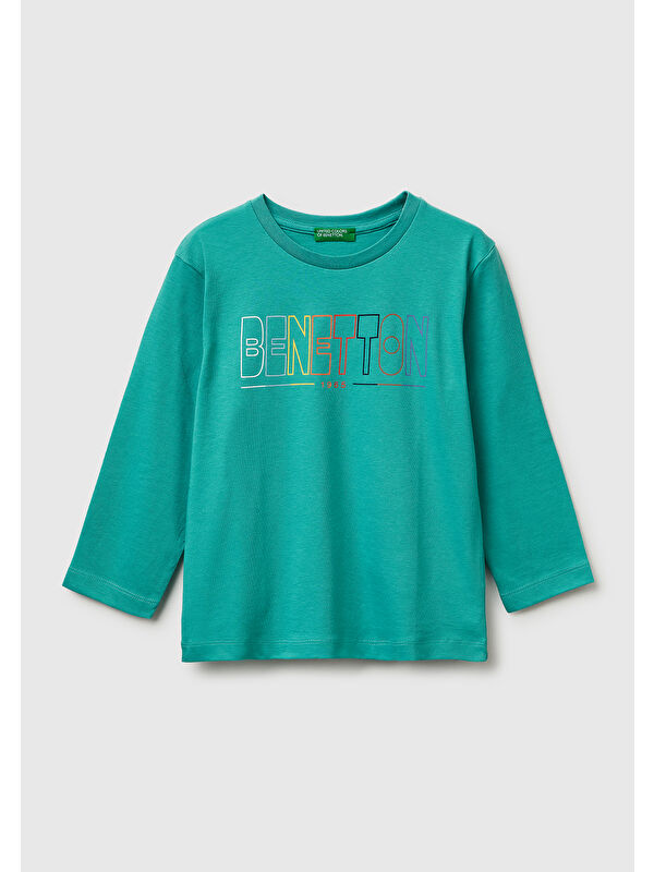 United Colors Of Benetton Erkek Çocuk Mavi-yeşil Önü Logo Baskılı Yuvarlak Yaka Uzun Kollu T-Shirt