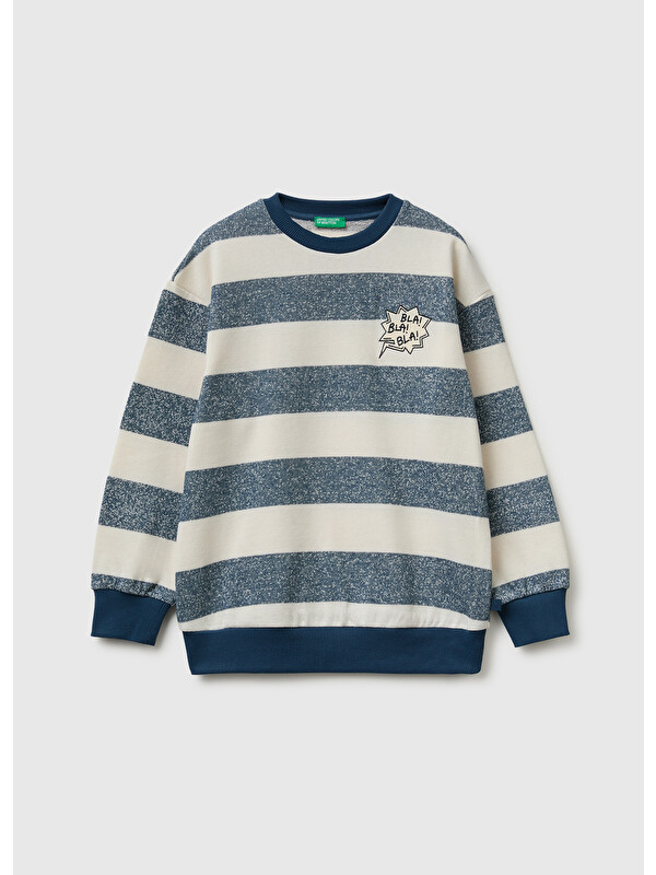 United Colors Of Benetton Erkek Çocuk Mavi Beyaz İşlemeli Oversize Çizgili Bisiklet Yaka Sweatshirt