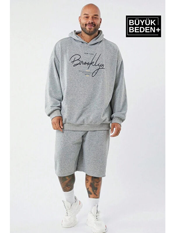 Süperlife El Yazılı Brooklyn Baskılı  İnce Kapüşonlu Erkek Büyük Beden Hoodie SPR25BSW58