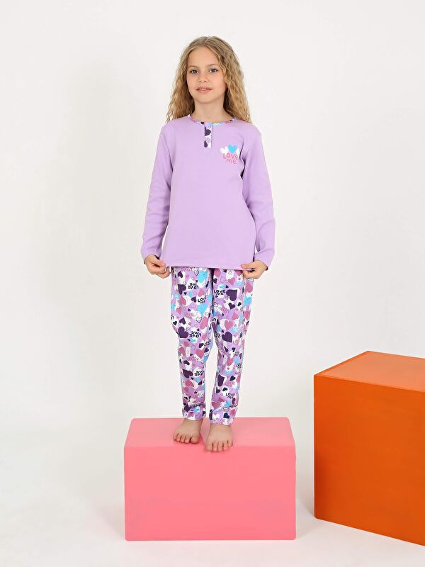 Vitmo Kız Çocuk Uzun Kollu %100 Pamuklu Düğme Detaylı Pijama Takımı Love Me