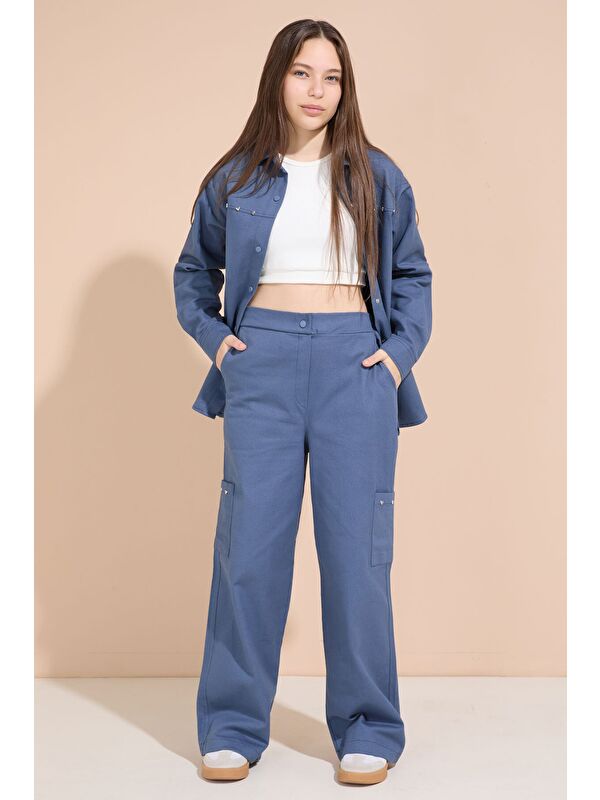 Cansın Mini İndigo Kalp İşlemeli Gömlekli Geniş Paça Pantolonlu Kız Çocuk Gabardin Takım 23555
