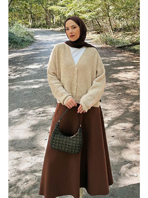 Lamelif Crop V Yaka Hırka Bej