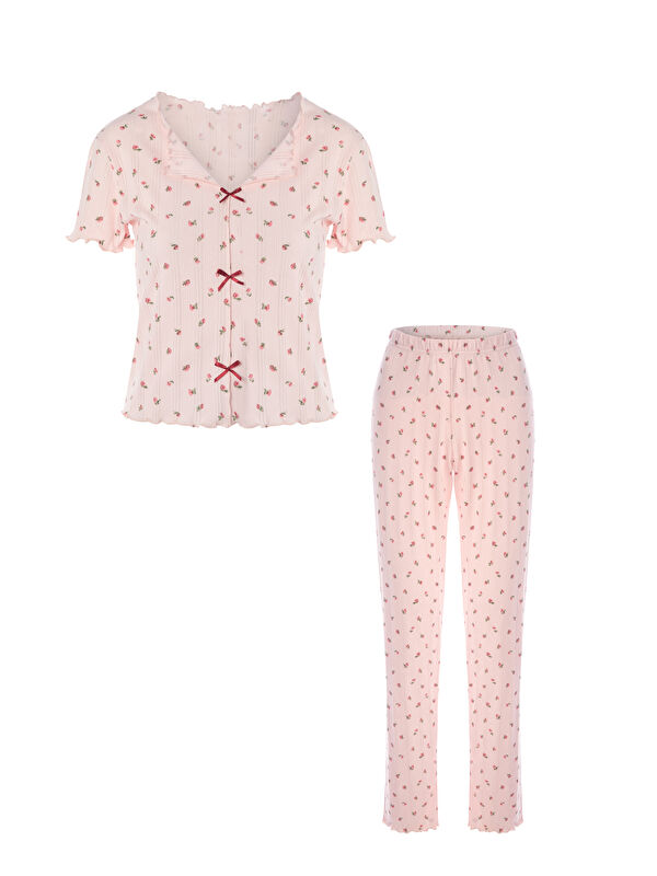 Koza İç Giyim Kadın Kısa Kollu Fiyonklu Fitilli Pijama Takımı