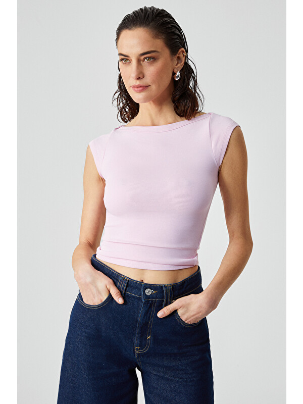 GRIMELANGE NOEMI Kadın Balerin Yaka Kısa Kol Slim Fit Ribanalı PEMBE Bluz