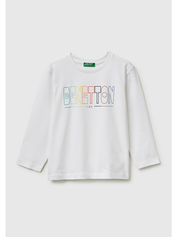 United Colors Of Benetton Erkek Çocuk Beyaz Önü Logo Baskılı Yuvarlak Yaka Uzun Kollu T-Shirt