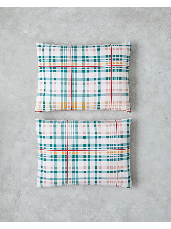 English Home Geo Plaid Pamuklu 2'li Yastık Kılıfı 50x70 cm Yeşil-Pembe