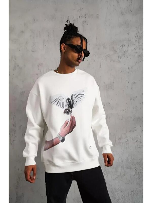 Jane's Erkek Güvercin Baskılı Sweatshirt - Beyaz