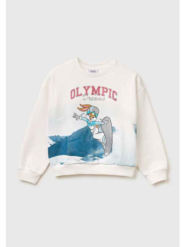 United Colors Of Benetton Kız Çocuk Beyaz Looney Tunes Baskılı Uzun Kollu Bisiklet Yaka Sweatshirt