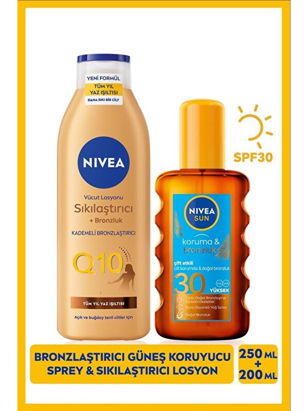 NIVEA SUN SPF30 Güneş Koruyucu Bronzlaştırıcı Vücut Spreyi 200ml ve Q10 Bronzlaştırıcı Vücut Losyonu 250ml