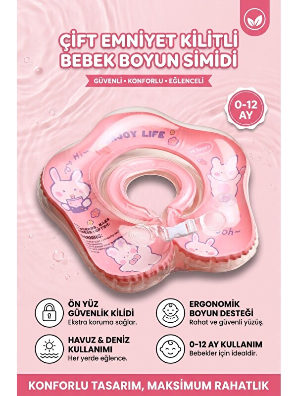 Oglo Bebek Yüzme Simidi Süngerli Tavşan Temalı Emniyet Kilitli Tutmalı 0-12 Ay Pembe Deniz Havuz Simidi