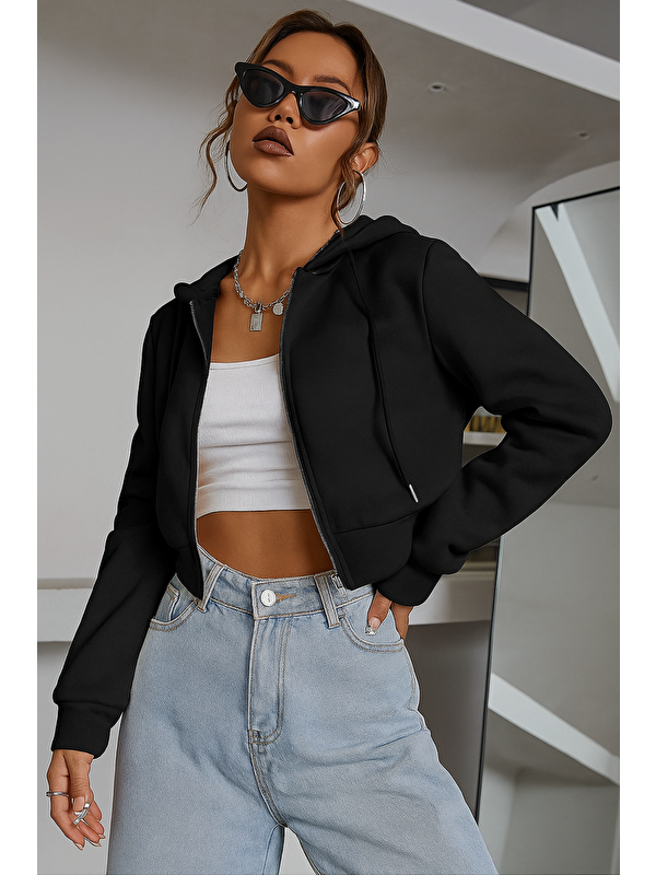 Tarz Cool Kadın Kapüşonlu Şardonlu Siyah Renk Crop Sweatshirt
