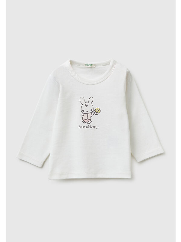 United Colors Of Benetton Bebek Beyaz Su Bazlı Logo Baskılı Omzu Gizli Çıtçıtlı Uzun Kollu T-Shirt