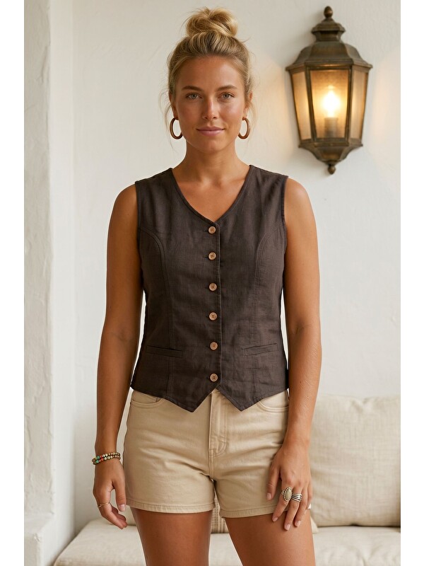 Chiccy Kahverengi V Yaka Düğmeli Yıkamalı Kulplu Casual Fitted Dokuma Yelek 55 50