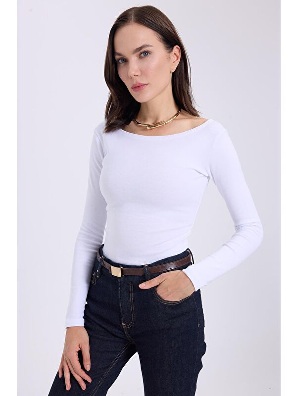 TUDORS Kadın Slim Fit Dar Kesim Pamuklu Modal Kumaş Uzun Kollu Kayık Yaka Beyaz Bluz