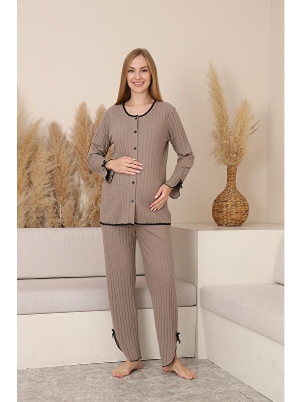 MİSS DÜNYA LİSSA Kahverengi Soft Elegance Yumoş Düğmeli Ayarlanabilir Bel Lohusa Pijama Takımı