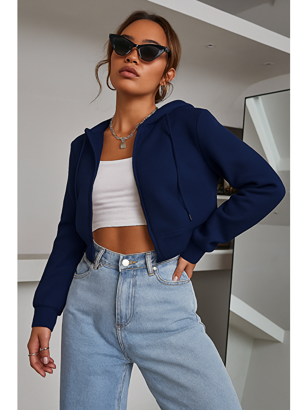 Tarz Cool Kadın Kapüşonlu Şardonlu Lacivert Renk Crop Sweatshirt