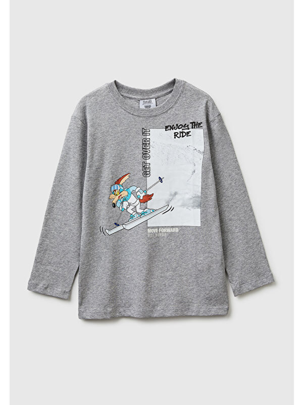 United Colors Of Benetton Erkek Çocuk Gri melanj Baskılı Bisiklet Yaka Uzun Kollu T-Shirt