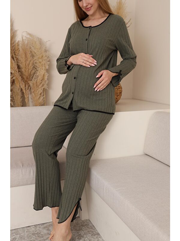 MİSS DÜNYA LİSSA Haki Soft Elegance Yumoş Düğmeli Ayarlanabilir Bel Lohusa Pijama Takımı