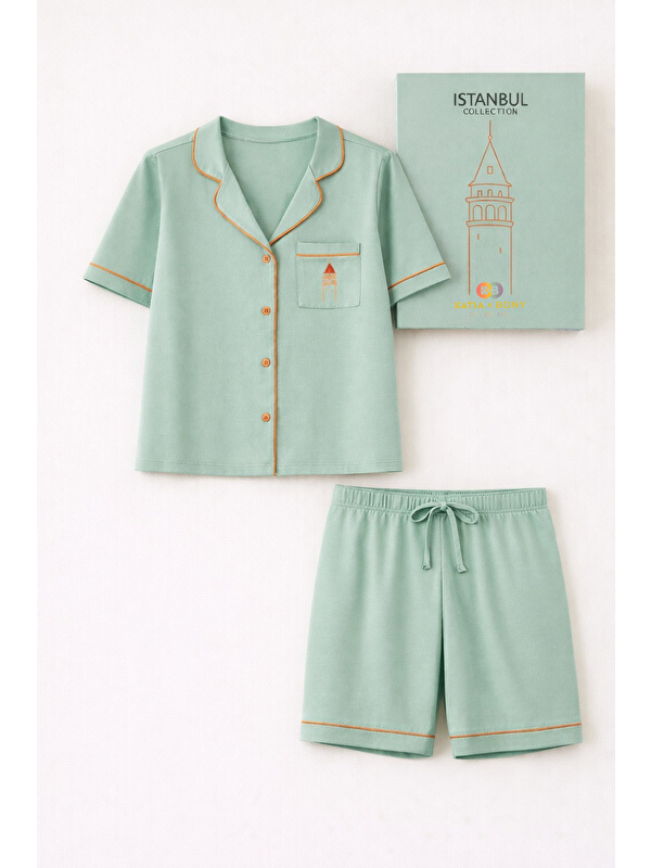 Katia And Bony Kadın Istanbul Serisi Galata Kulesi Desenli Premium Kutulu Şortlu Pijama Takımı Yeşil