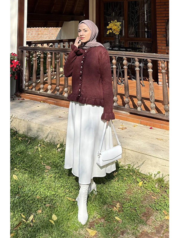 Lamelif Fırfır Detaylı Hırka Bordo