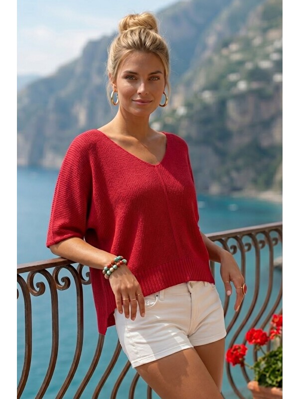 Chiccy Kırmızı V Yaka Yarasa Kol İnce Casual Merserize Crop Triko Bluz 55 58