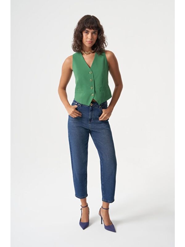 Mizalle MZL Lacivert Dar Kesim Bilek Boyu Denim Pantolon