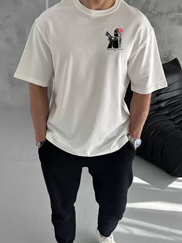 Jane's Unisex Bisiklet Yaka Baskılı Oversize T-Shirt - Beyaz