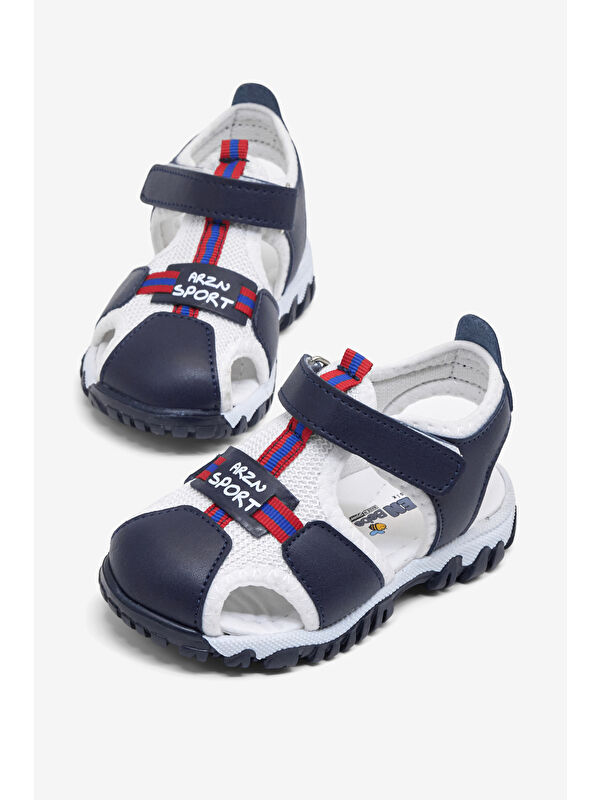 TONNY BLACK Çocuk Unisex Lacivert Beyaz Çoçuk Cırtlı Rahat Kalıp Sandalet