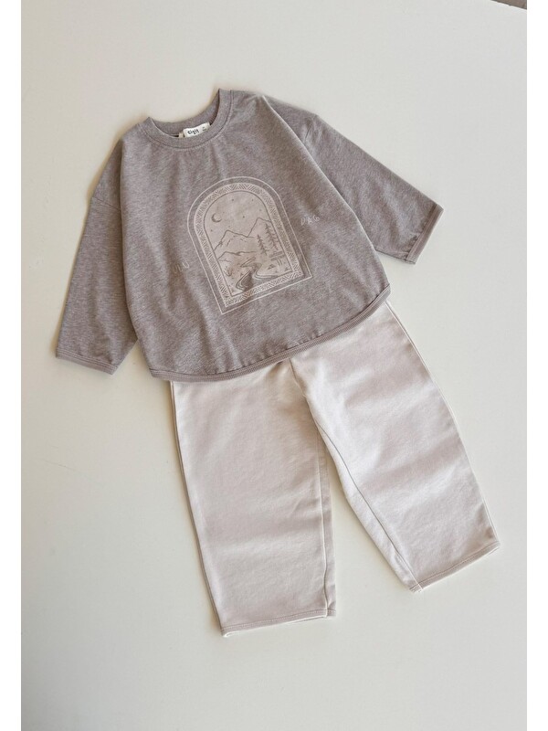 CİGİT Oversize Uzun Kollu T-Shirt Takım 2-8 Yaş Kahve Melanj