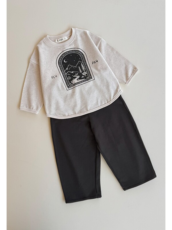 CİGİT Oversize Uzun Kollu T-Shirt Takım 2-8 Yaş Bej Melanj
