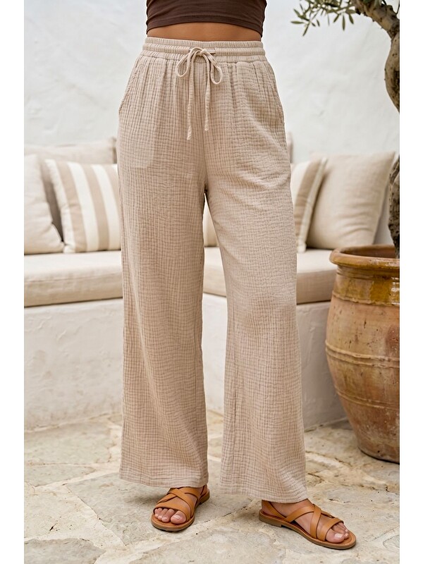 Chiccy Bej Cepli Lastikli Ve Bağlamalı Bel Geniş Paça Casual Müslin Dokuma Pantolon 96 60