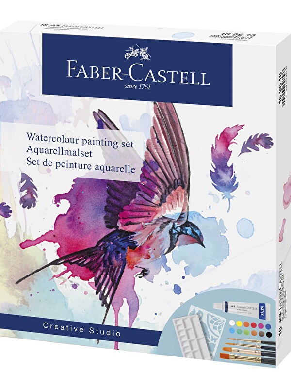 Faber-Castell Suluboya Boyama Seti 18 Parça,Sulu Boya Tüpü,Sulu Boya Fırçası, Karıştırma Paleti ve Çizim Şablonu