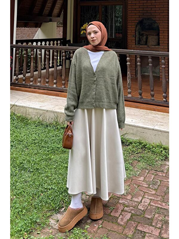 Lamelif Crop V Yaka Hırka Haki
