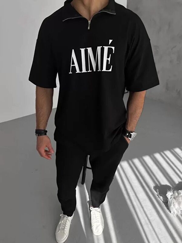 Jane's Unisex Yarım Fermuarlı Baskılı T-Shirt - Siyah