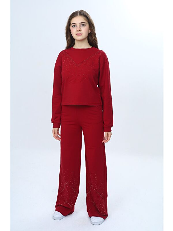 Toontoykids Kız Çocuk 2'li Takım Taş İşlemeli Bisiklet Yaka Sweatshirt & Beli Lastikli Bol Paça Cepli Eşofman Al