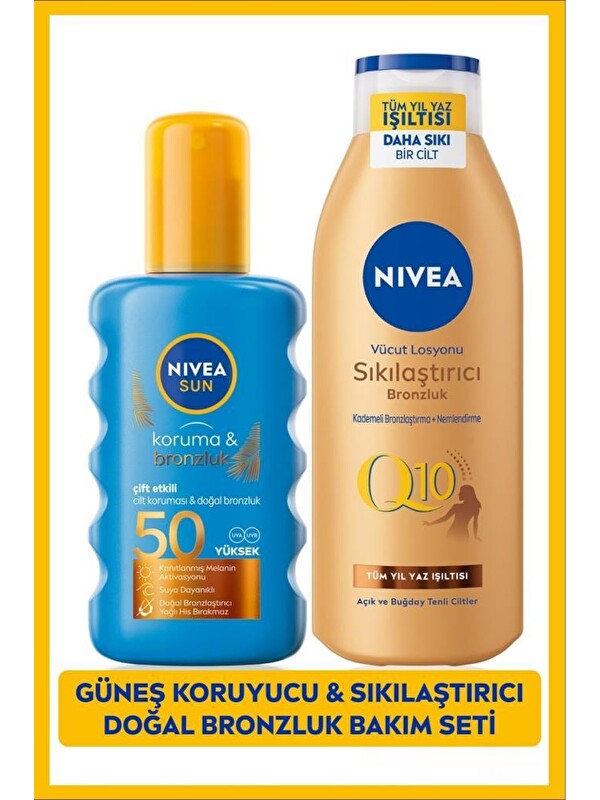 NIVEA SUN SPF50 Güneş Koruyucu Bronzlaştırıcı Vücut Spreyi 200ml ve Sıkılaştırıcı Bronzluk Losyonu 250ml