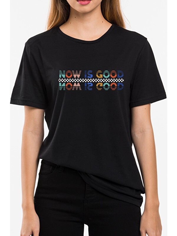 Blah. Now is Good Baskılı Oversize Bisiklet Yaka Kadın Tişört