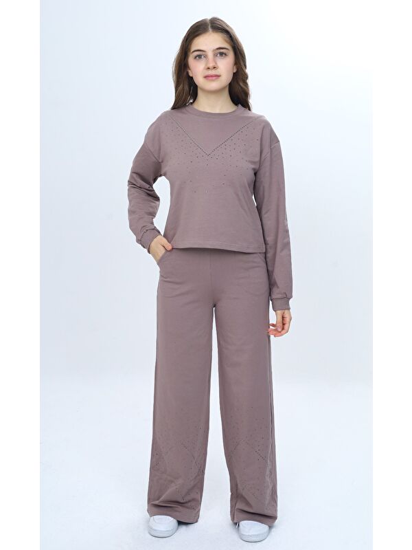 Toontoykids Kız Çocuk 2'li Takım Taş İşlemeli Bisiklet Yaka Sweatshirt & Beli Lastikli Bol Paça Cepli Eşofman Al